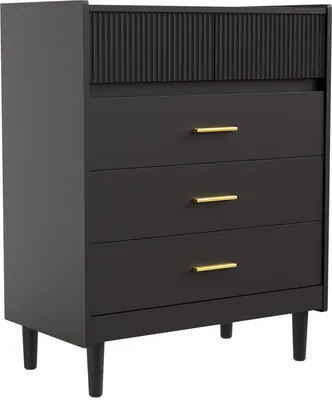 A black chest of drawers with gold handles on a white background.