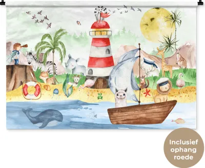 Produktbild von MuchoWow® Wandteppich Wandbehang Strand - Tiere - Kinder - Leuchtturm - Jungen 120x80 cm Tapisserie Dekoration Wandtuch - Wanddekorationen - Wandtücher