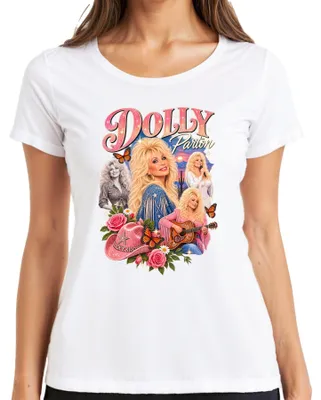 Immagine prodotto di Maglietta da donna, colore bianco, taglia S, con stampa retrò raffigurante Dolly Parton, cantante di musica country, in stile cowgirl, con una chitarra western