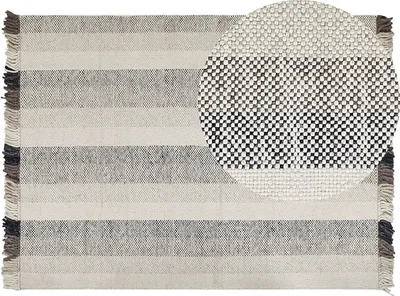 Produktbild von BELIANI Teppich Cremeweiß Wolle 160 x 230 cm Rechteckig Handgewebt Streifenmuster Schwarz / Braun Kurzflor mit Fransen Boho Wohnzimmer Schlafzimmer