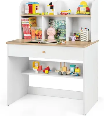 Imagen del producto de Escritorio infantil, escritorio de madera para niños, escritorio escolar con cajón y estante, escritorio juvenil con espacio de almacenamiento, mesa infantil pequeña para niños a partir de 3 años (color natural)