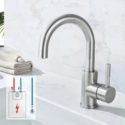 Obrázek produktu pro Kuchyňská baterie pro nízký tlak vody - otočná o 360° - nerezová směšovací baterie se 3 připojeními - ideální pro ohřívače vody