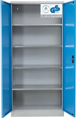 Produktbild von Stahlschrank BEE mit 7 verzinkten Fachböden | HxBxT 195x120x60cm | Korpusfarbe Lichtgrau, Frontfarbe Lichtblau | Werkstattschrank Werkzeugschrank Aktenschrank Universalschrank