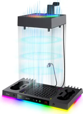 A black charging station with RGB lighting and cooling fans.