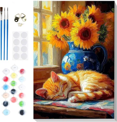 Productafbeelding van Verf op nummer, kat voor volwassenen, beginners met frame, schilderen op nummer, zonnebloem op canvas