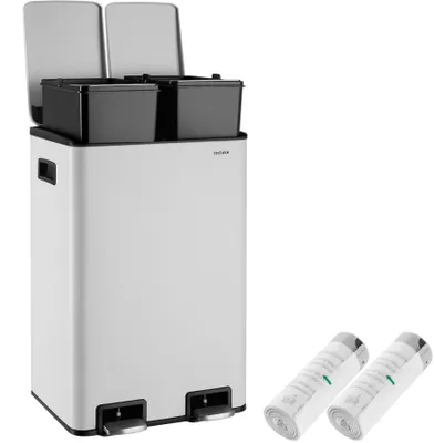 Produktbild von tectake® Mülleimer mit 2 Fächern, mit Fußpedalen, pulverbeschichtet, herausnehmbare Inneneimer, 40 l, Soft-Close, weiß
