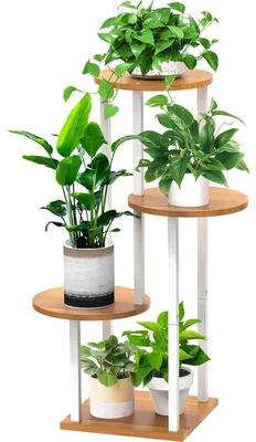 Productafbeelding van Houten bloemenrek met 4 niveaus, metalen plantenrek, meerlaags bloemenstandaard, plantenstandaard, bloemenbank, bloemenladder, plantenplank, staand rek voor binnen, buiten, balkondecoratie (rond, wit)