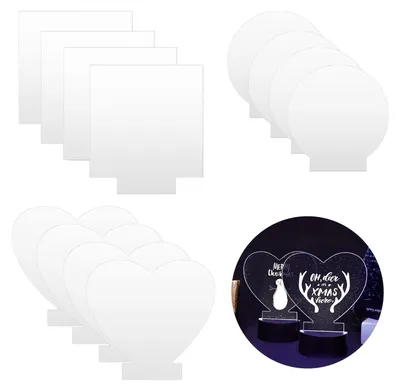 12 Acrylplatten, rund, quadratisch, Herz, 2 mm, transparent, DIY