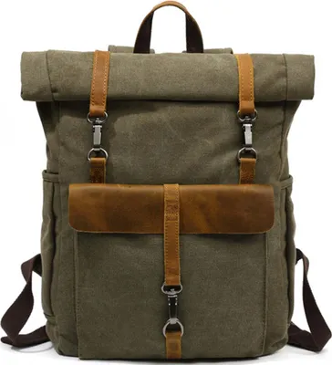 Produktbild von MORGNTAU Vintage-Rucksack "Ukiyo" - Canvas-Stoff/ Leder, Rolltop, 18l, Laptopfach, uvm. – Farbe: Wald