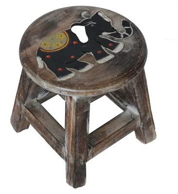 Productafbeelding van Houten kruk, kinderstoel, kruk, zitkruk, voetenbank, massief hout, krukje, stoel met dierenmotief, decoratief, bruin, olifant