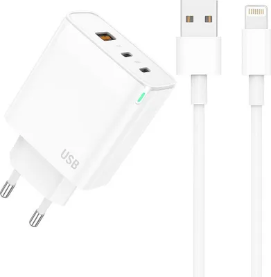 Produktbild von 65W USB-C Schnellladegerät PD mit 3-Ports Kompaktes Netzteil Universal mit Kabel – USB Lightning 1 Meter