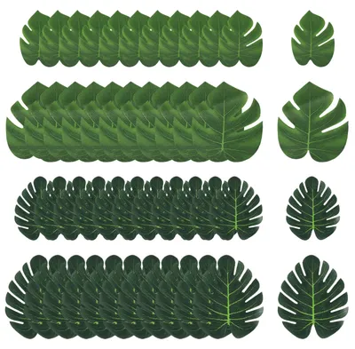 Image de 48 feuilles de palmier artificielles, feuilles tropicales, jungle verte, décoration d'anniversaire (deux tailles)