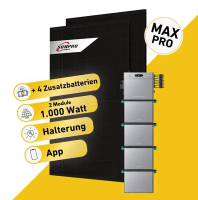 Produktbild von Balkonstrom Balkonkraftwerk 1000W Solaranlage mit Speicher | 4xZusatzspeicher | 4xSolarmodul | Zendure SolarFlow 2400 Pro