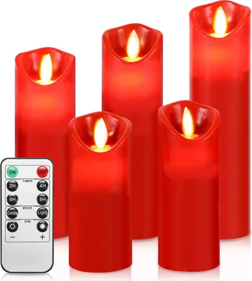 Produktbild von Bettizia LED Kerzen 5er Set Echtwachs Flackernd Flammenlose mit Fernbedienung Timer Funktion & mehrstufig dimmbar bewegliche Flamme Echtwachskerzen Rot