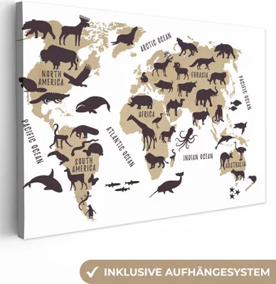 Produktbild von OneMillionCanvasses® - Leinwandbilder - 140x90 cm, Weltkarte - Braun - Tiere, Wandbilder Kunstdruck Wanddekoration