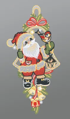Produktbild von Fensterbild aus Plauener Spitze - Weihnachtsmann mit Vögelchen  (Bx H) 20cm * 21cm mehrfarbig Fensterdekoration Fensterschmuck