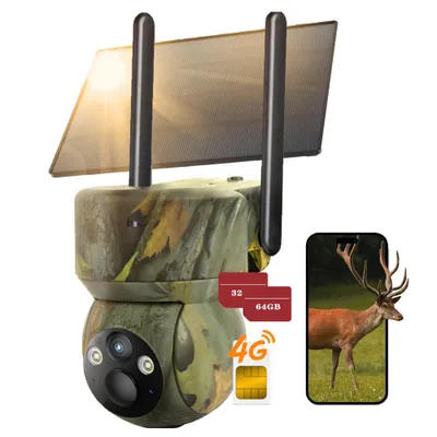 Produktbild von 4G LTE Wildkamera mit SIM Karte 2K Solar Wildtierkamera mit Handyübertragung App Kabellos Überwachungskamera Aussen Akku Farbnachtsicht mit 32G & 64G