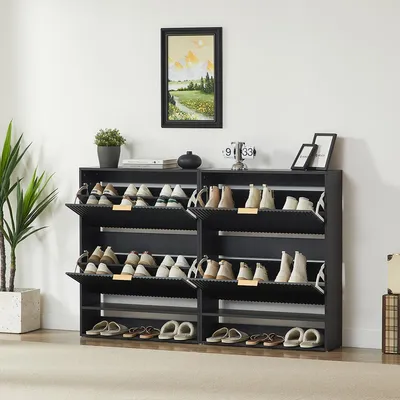 Produktbild von Schuhschrank mit Nutfront, Kippschutz und Ablagefläche Schuhregal Schuhkipper für den Flur 80 x 24 cm Schwarz