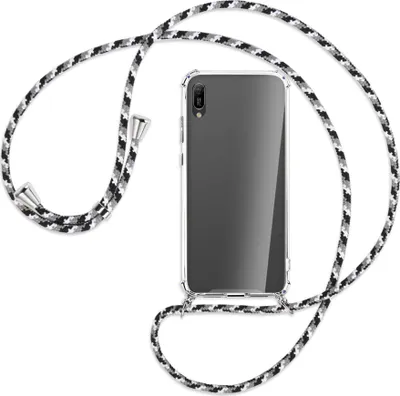 Produktbild von Handykette Backcover-Schutzhülle mit Band (Metall silberfarben) für Huawei Y6 2019 - schwarz/grau/weiß