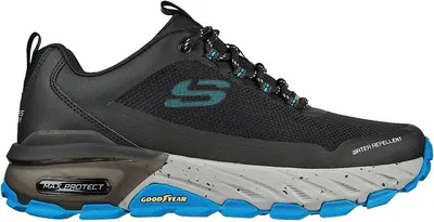 A side view of a single black sneaker with gray and blue accents.