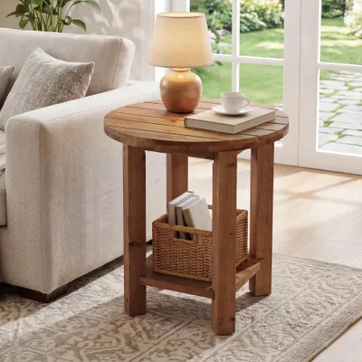 Image de Table d'appoint ronde Tribesigns, table d'appoint à deux niveaux en bois massif avec compartiment de rangement, style cottage, plateau texturé rainuré, marron
