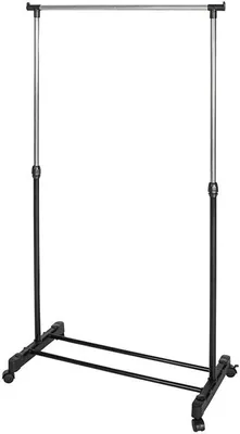 A rolling garment rack with adjustable height.