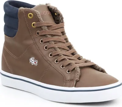 A single brown high-top sneaker with white laces and a white sole.
