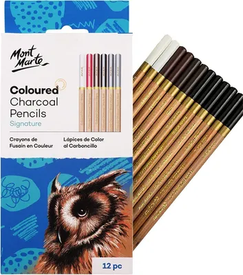 Produktbild von Mont Marte Kohlestift Zeichenstifte Set mit 12 x Zeichenkohle, in mischbaren Farbtönen, weiß, rot-braun, braun, schwarz, unterschiedliche Härte