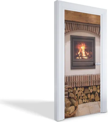 Produktbild von Türfolien Design Selbstklebende Wandsticker Türtapeten - Kamin mit Holz - 95 x 205 cm