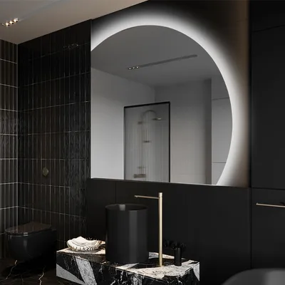 Produktbild von Unregelmäßiger asymmetrischer angeschnitten Spiegel mit LED Beleuchtung 127.5 x 127.5 cm - mit LED Beleuchtung - LED Farbe Kaltweiß 7000K - Individuell Nach Maß - Beleuchtet Wandspiegel Lichtspiegel Badezimmerspiegel OKRHB221