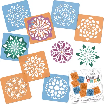 Produktbild von Schablonen Malen für Kinder, 8 Stück Set 15x15 cm Mandalas Rangolis, Kinder Kreatives Zeichenschablonen, Kunststoff Wiederverwendbar Malschablone