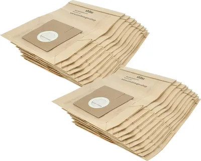 Two stacks of brown paper vacuum cleaner bags are shown against a white background.