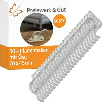Produktbild von 50 x Planenhaken mit Öse – Anhängerzubehör, Anhängerhaken verzinkt 70x45 mm, für Planen, Netze, vielseitige Anwendungen