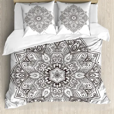 Produktbild von ABAKUHAUS Mandala Bettbezug Set, Asiatisches psychedelisches Kreiselement Künstlerisches Lotus Ethnic Eastern Culture Theme, 200 x 200 cm + 80 x 80 cm, Weiß Koksgraue