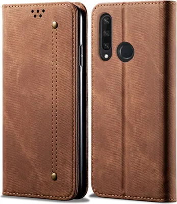Produktbild von Huawei Y6P Hülle, LaimTop Denim Leder Brieftasche Magnetverschluss Flip Bookstyle Schutzhülle mit Standfunktion für Huawei Y6P Huawei Y6P Braun