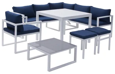 Image de Salon de jardin modulable IBIZA en tissu bleu 7 places - aluminium blanc
