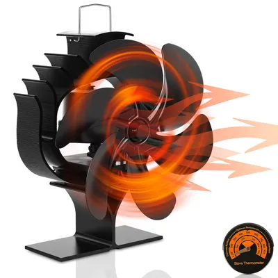 Obrázok produktu pre Vigevee ventilátor do krbu, 6 lopatiek, otočný o 120°, ventilátor do krbovej pece, ventilátor poháňaný teplom, bez potreby elektrickej energie, s teplomerom do krbovej pece na drevo