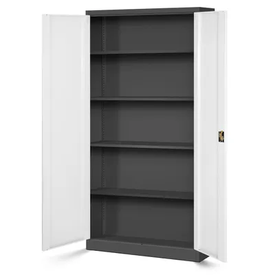 Productafbeelding van Archiefkast, kantoorkast, metalen kast, stalen kast, gereedschapskast, staalplaat, gepoedercoat, kast met vleugeldeuren, afsluitbaar, afmetingen: 195 cm x 90 cm x 40 cm, kleur: antraciet/wit
