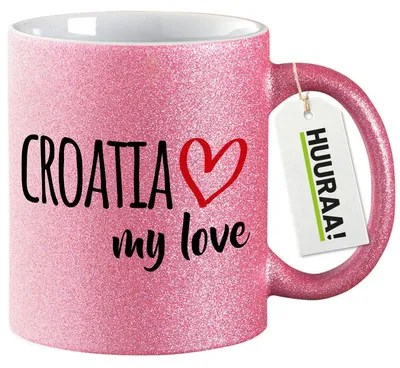 Produktbild von Huuraa Glitzertasse Croatia my love 330ml Pink Keramik Kaffeebecher Geschenkidee