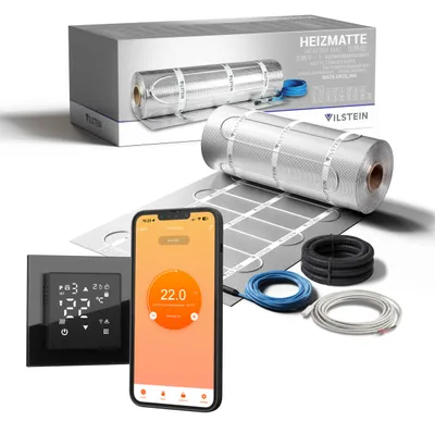 Produktbild von VILSTEIN Aluminium-Fußbodenheizung 150W/m² – Elektrische Heizmatte für Laminat, Parkett & Vinyl, selbstklebend, zuschneidbar, WiFi Touchscreen-Thermostat, Komplettset 9m²