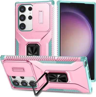 Produktbild von Handyhülle für Samsung Galaxy S23 Ultra Dual Layer Hülle mit Schiebe Kamera Schutz und Ringhalter Ständer Pink