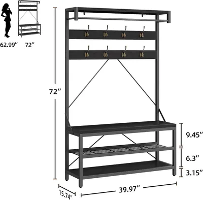 Productafbeelding van Kledingrek met zitbank - Garderobekast voor de hal - 8 haken - Schoenenbank - Metalen frame - 101,5 x 40 x 183 cm - Zwart