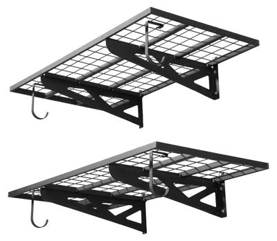 Obrázek produktu pro Nástěnné regály do garáže – sada 2 kusů kovových regálů pro těžké zatížení – rozměry 121,9 x 62 x 21 cm na jeden regál – nosnost 113 kg na polici – odkládací plocha na nářadí a držáky na nářadí – montáž na zeď