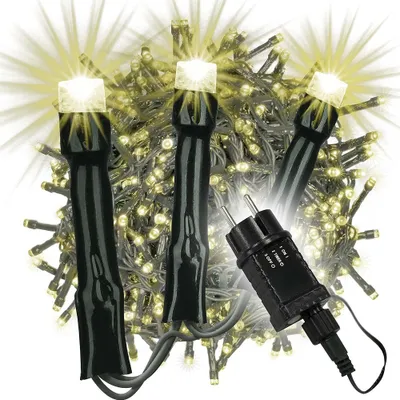 A close-up shot of a string of LED lights with a power adapter.