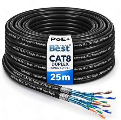 Produktbild von B.E.S.T. 25 m CAT 8.1 Duplex Outdoor Netzwerkkabel S/FTP 40 Gbit/s 2000 MHz AWG 23/1 Kupfer PE Schwarz