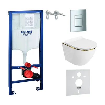 Produktbild von GROHE Vorwandelement Solido + Wand Hänge WC Sofi Slim Gold Line Spülrandlos + WC-Sitz SoftClose | Verchromter Knopf | Komplettset | Unterputz Spülkasten | Toilette Komplett Sett