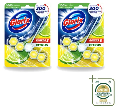 Produktbild von 2 x Glorix Power 5 Toiletblock - Lemon - 55 g - Vorratspackung - 2 Stücke