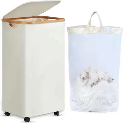 Obrázok produktu pre Efluky XL Kôš na bielizeň s kolieskami a vekom 100L Bamboo Beige