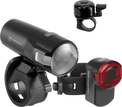 Zdjęcie produktu dla Zestaw przednich i tylnych świateł AXA Compactline 20 Lux LED wraz z dzwonkiem rowerowym