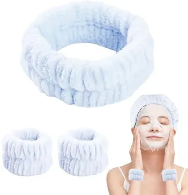Produktbild von Blaues Spa-Stirnband für Damen mit Wascharmbändern, elastisches Frottier-Haarband für Gesichtswäsche, Make-up, Dusche, Hautpflege und Sport